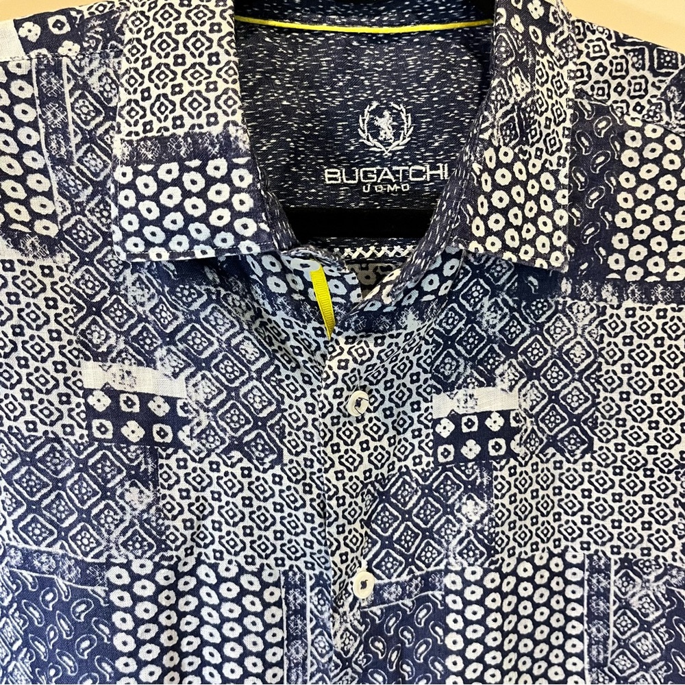 Bugatchi Uomo Shirt Classic Linen Mens L Blue Shapes Patch Button Up Long Sleeve